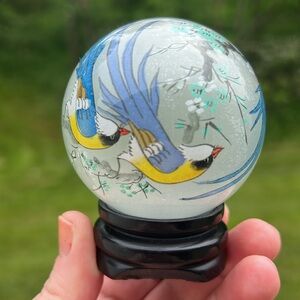 Vintage Chinese reverse handpainted glass sphere orb on wooden stand